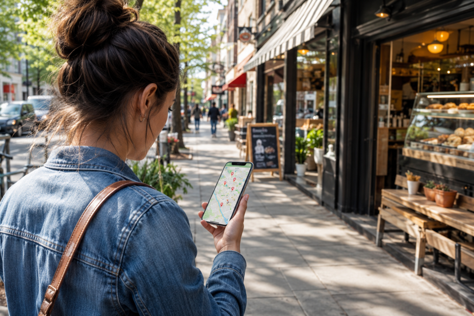 Woman using a smartphone map to find food near me while standing beside local restaurants and a bakery.