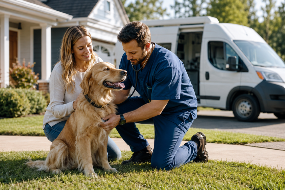 Mobile vet near me providing a home veterinary checkup for a dog outside a suburban house.