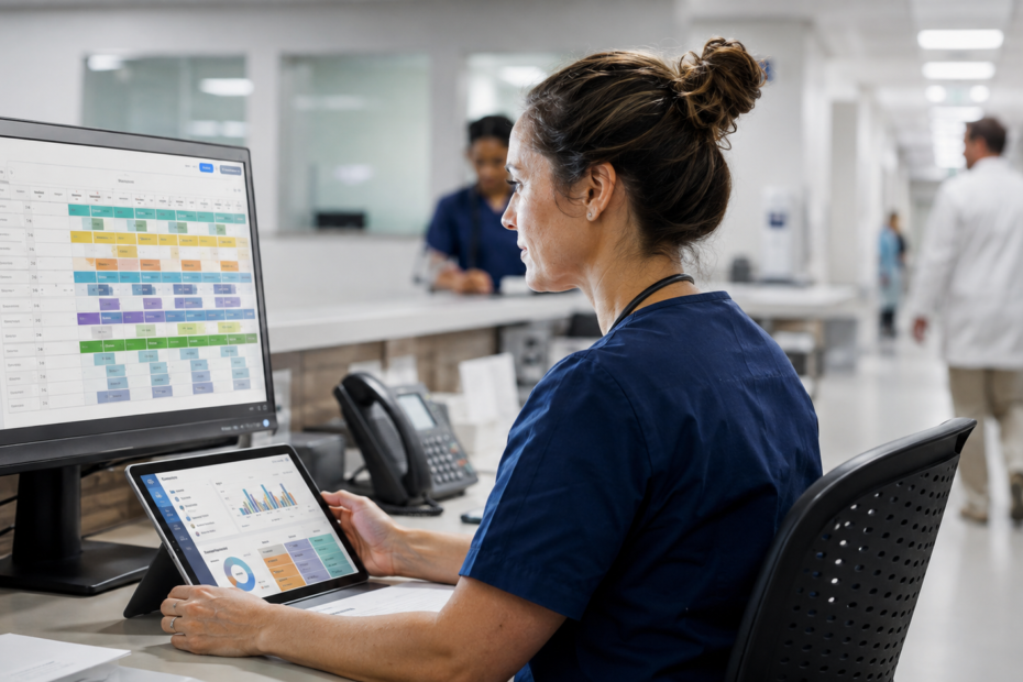 Healthcare professional using Smart Square HMH for hospital staff scheduling and workforce management