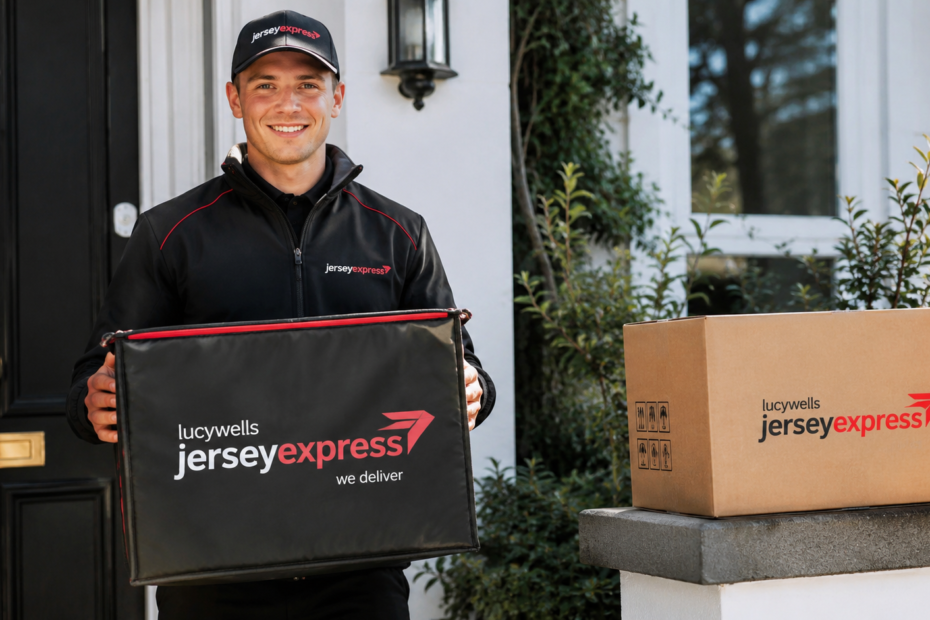 LucyWells JerseyExpress courier delivering a package to a residential home.