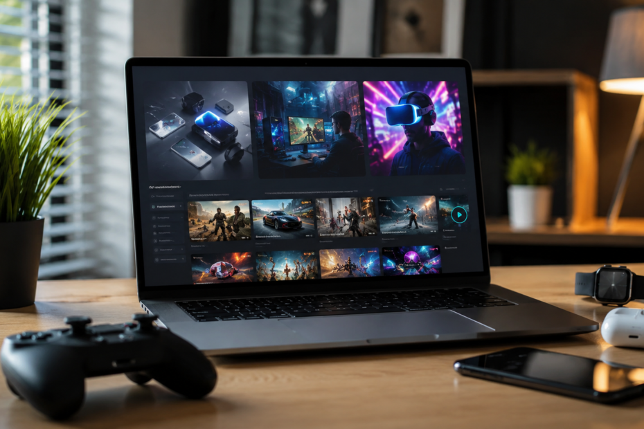 Modern tech workspace with laptop, gaming controller, smartphone, smartwatch, and wireless earbuds representing GadgetFreeks.com.