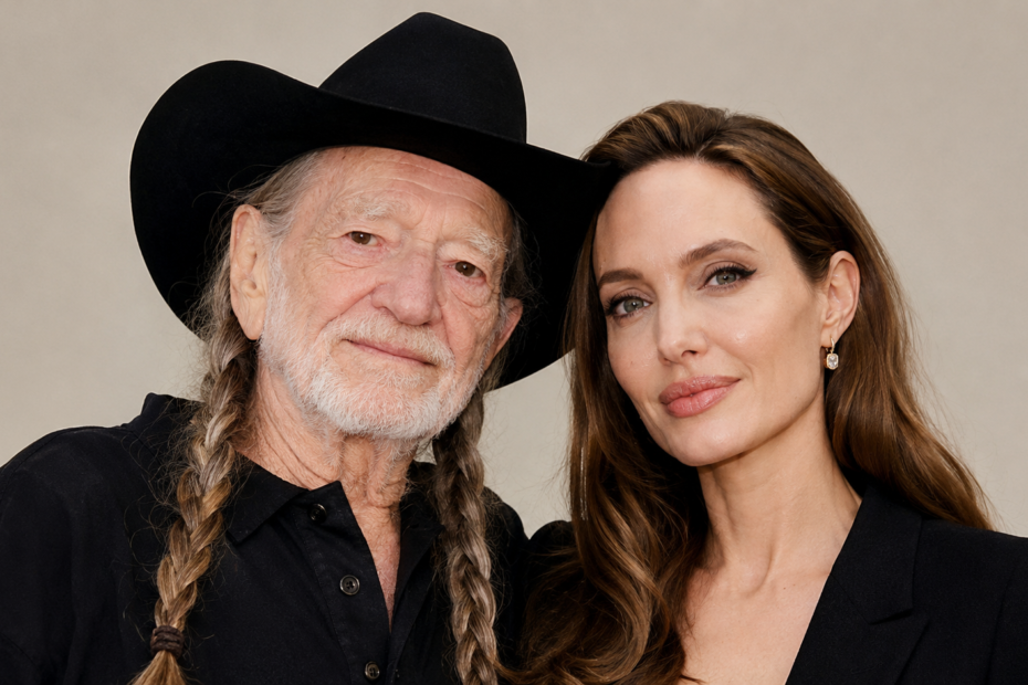 Willie Nelson and Angelina Jolie pictured together in a clean editorial-style portrait