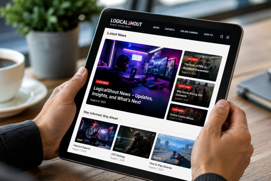 Latest News LogicalShout displayed on a tablet with gaming, esports, and digital news updates