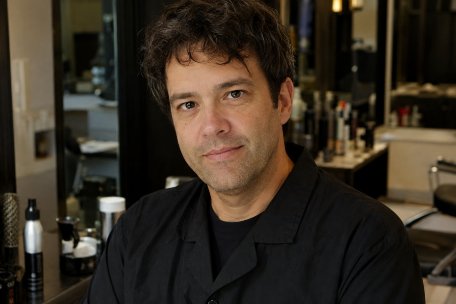 AI-generated editorial portrait representing Scott Ruffalo in a professional hair salon.