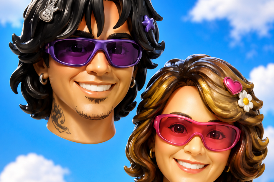 Vassiliki Papadimitriou in an AI-created glossy 3D designer toy portrait with colorful retro sunglasses and a bright blue sky background.