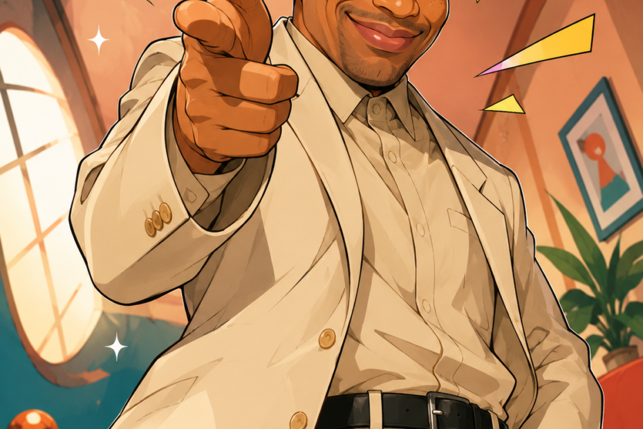 Otelia Cox anime-style portrait featuring a smiling man in a beige suit with bright colors and playful comic effects.