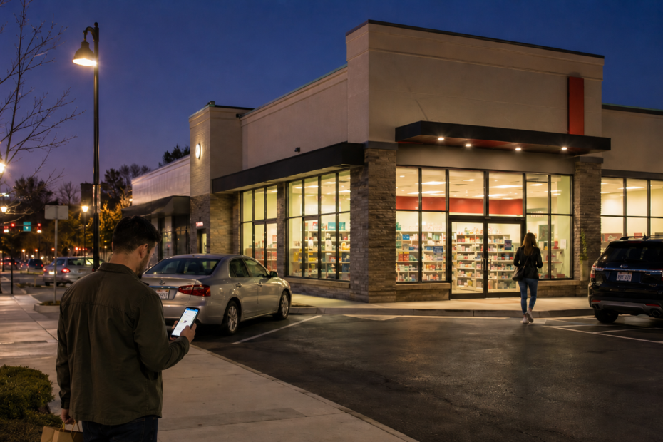 A person checks a smartphone outside a brightly lit generic American pharmacy at dusk while searching for a 24 hour Walgreens near me.