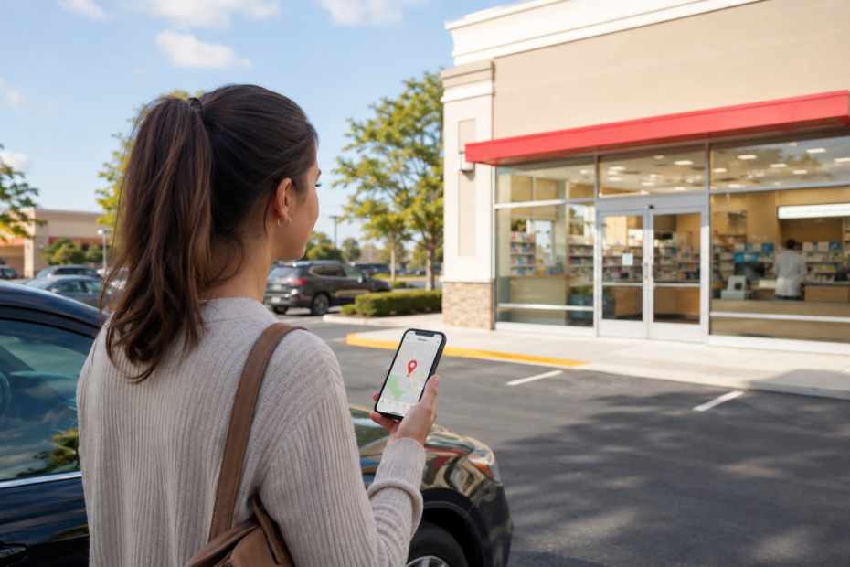 Woman using a smartphone map to find a Walgreens pharmacy near me in a suburban shopping area.