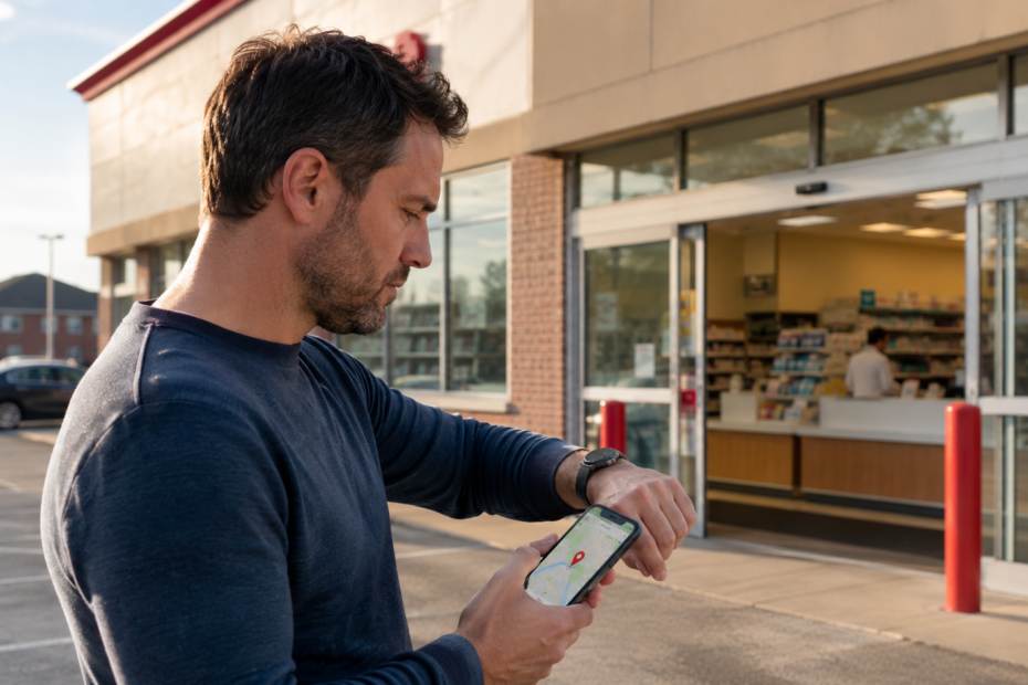 Man checking pharmacy hours on his smartphone and wristwatch outside a generic US pharmacy.
