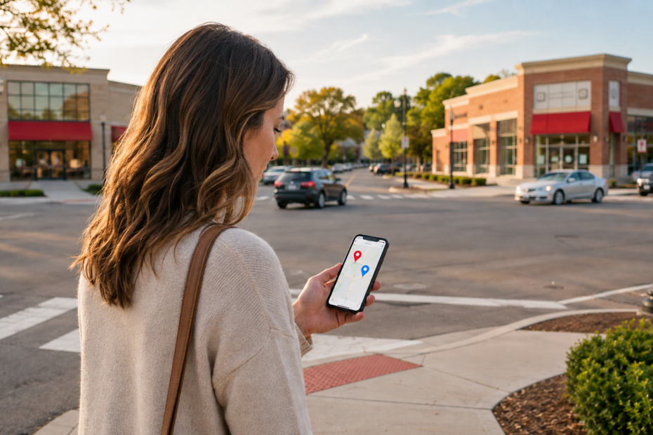 Woman using a smartphone map to compare CVS or Walgreens near me locations at a suburban US street corner.