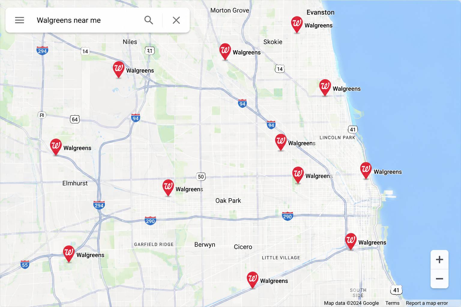 Walgreens Near Me map showing multiple nearby store locations with pharmacy pins, a search bar, and a store finder interface.